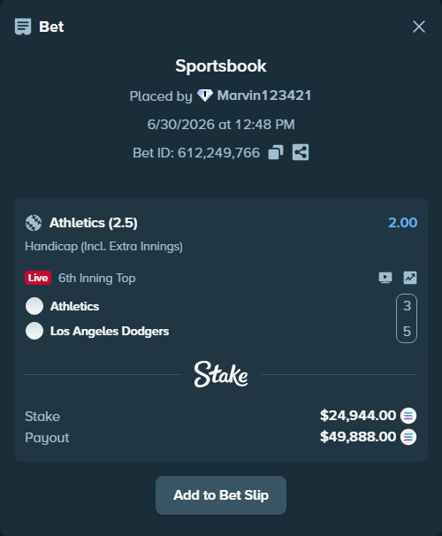 Bet slip: Athletics - Los Angeles Dodgers, $27,553.58 stake at 2.00 odds, placed by Marvin123421