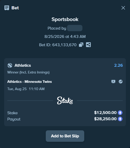 Bet slip: Athletics - Minnesota Twins, $12,463.65 stake at 2.26 odds, placed by myprecious1