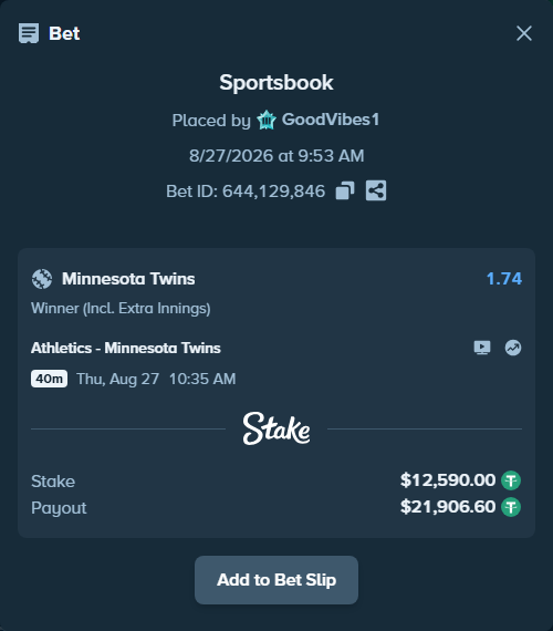 Bet slip: Athletics - Minnesota Twins, $12,590.00 stake at 1.74 odds, placed by GoodVibes1