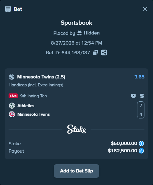 Bet slip: Athletics - Minnesota Twins, $50,000.00 stake at 3.65 odds, placed by Hidden