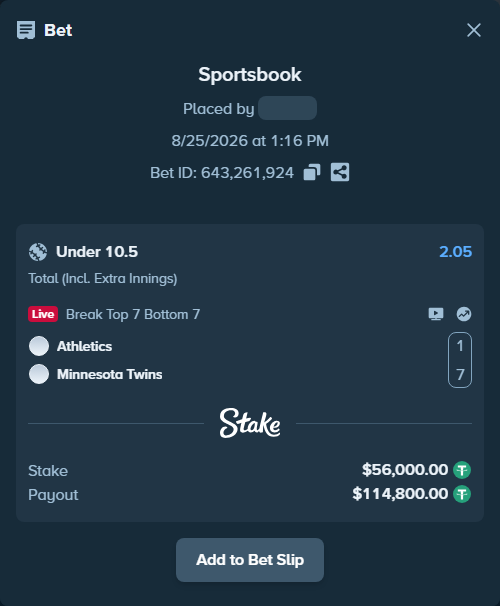 Bet slip: Athletics - Minnesota Twins, $56,000.00 stake at 2.05 odds, placed by ayoflasher