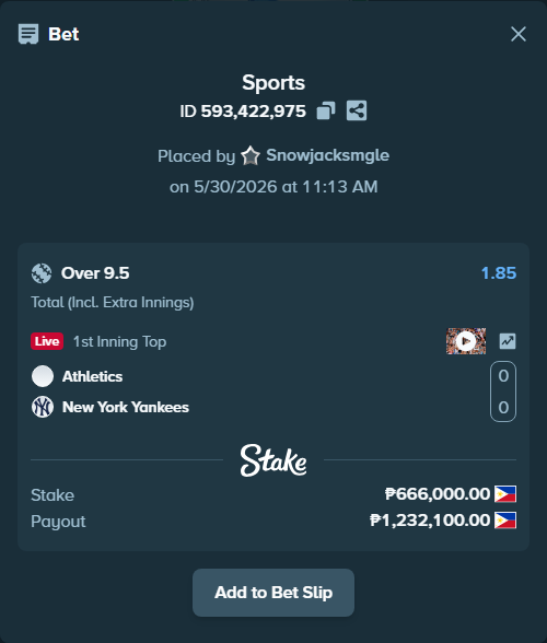Bet slip: Athletics - New York Yankees, $11,988.00 stake at 1.85 odds, placed by Snowjacksmgle