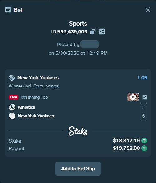 Bet slip: Athletics - New York Yankees, $18,831.00 stake at 1.05 odds, placed by AghoriThakur