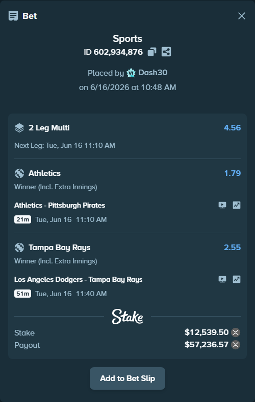 Bet slip: Athletics - Pittsburgh Pirates, $11,554.68 stake at 1.79 odds, placed by Dash30