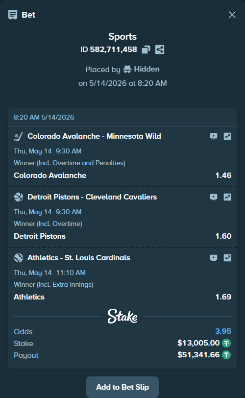 Bet slip: Athletics - St. Louis Cardinals, $13,005.00 stake at 1.69 odds, placed by Hidden