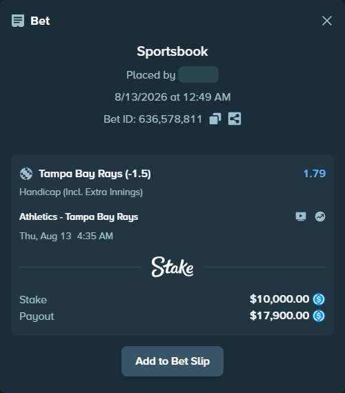 Bet slip: Athletics - Tampa Bay Rays, $10,000.00 stake at 1.79 odds, placed by floutp451