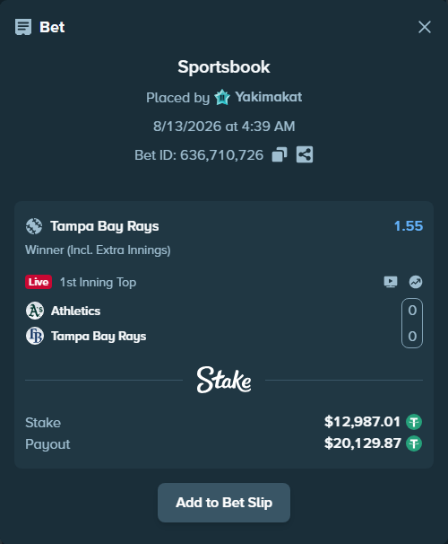 Bet slip: Athletics - Tampa Bay Rays, $13,000.00 stake at 1.55 odds, placed by Yakimakat