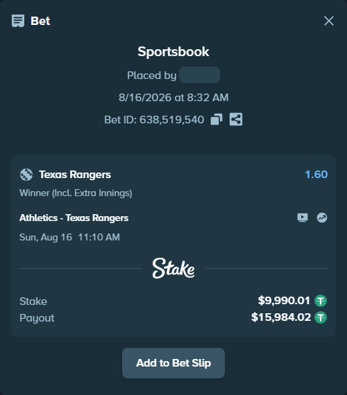 Bet slip: Athletics - Texas Rangers, $10,000.00 stake at 1.60 odds, placed by GoodVibes1