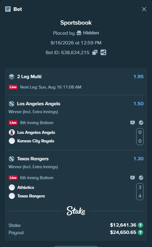 Bet slip: Athletics - Texas Rangers, $12,654.00 stake at 1.30 odds, placed by Hidden
