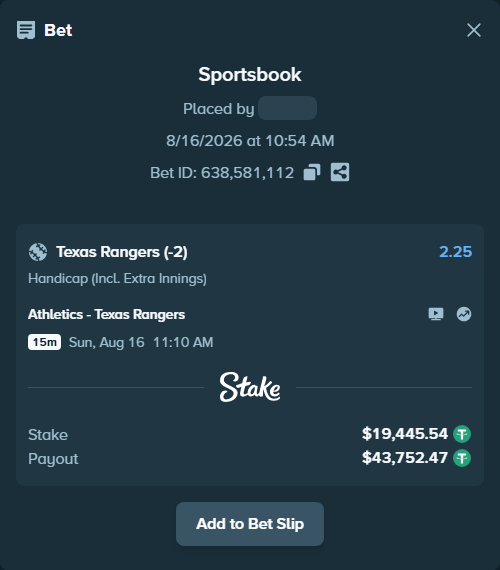 Bet slip: Athletics - Texas Rangers, $19,464.99 stake at 2.25 odds, placed by Grupotheking