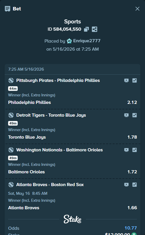 Bet slip: Atlanta Braves - Boston Red Sox, $12,012.00 stake at 1.66 odds, placed by Enrique2777