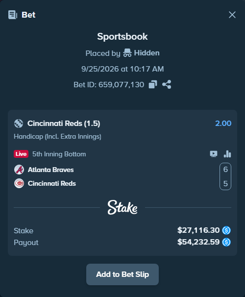 Bet slip: Atlanta Braves - Cincinnati Reds, $27,116.30 stake at 2.00 odds, placed by Hidden