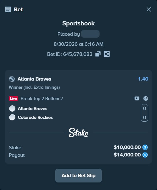 Bet slip: Atlanta Braves - Colorado Rockies, $10,000.00 stake at 1.40 odds, placed by Hoggtann