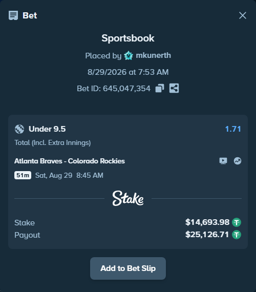 Bet slip: Atlanta Braves - Colorado Rockies, $14,693.98 stake at 1.71 odds, placed by mkunerth