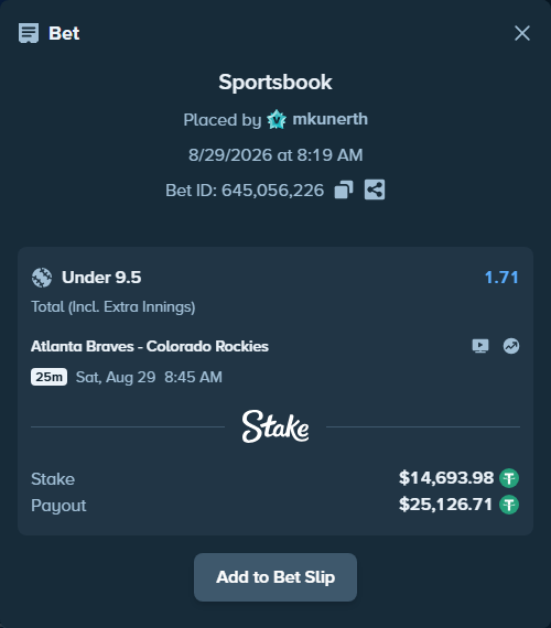 Bet slip: Atlanta Braves - Colorado Rockies, $14,693.98 stake at 1.71 odds, placed by mkunerth