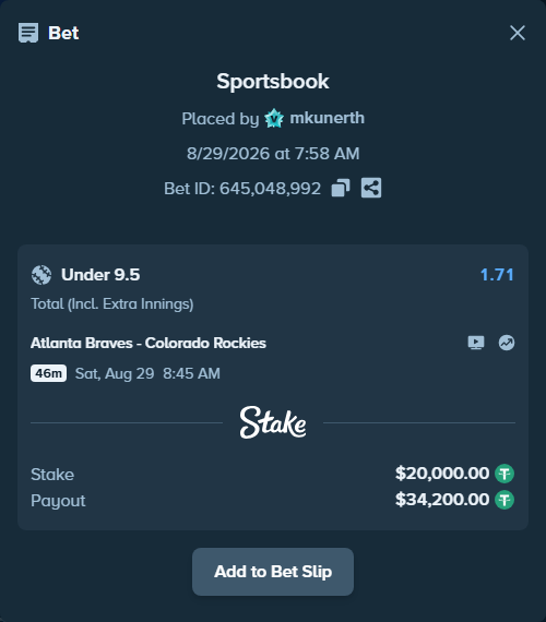 Bet slip: Atlanta Braves - Colorado Rockies, $20,000.00 stake at 1.71 odds, placed by mkunerth