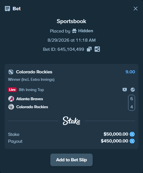 Bet slip: Atlanta Braves - Colorado Rockies, $50,000.00 stake at 9.00 odds, placed by Hidden