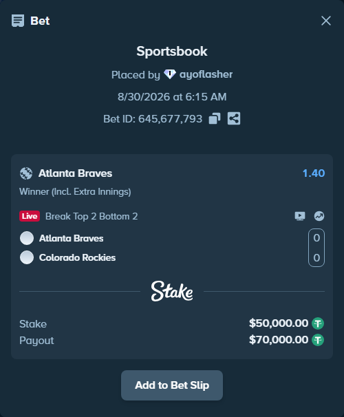 Bet slip: Atlanta Braves - Colorado Rockies, $50,000.00 stake at 1.40 odds, placed by ayoflasher