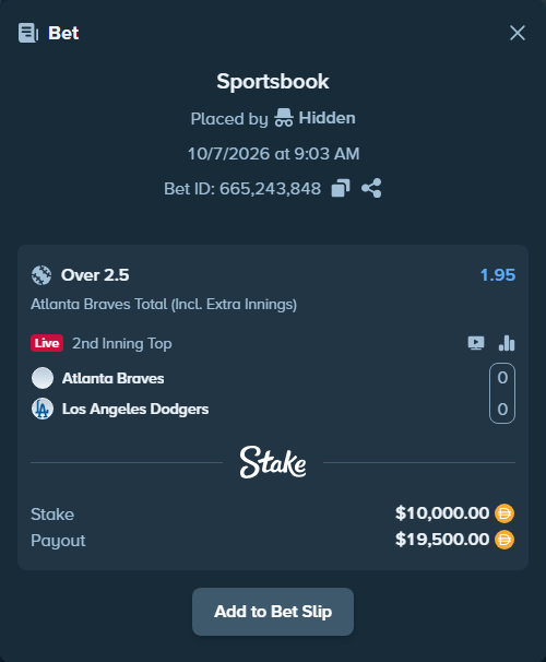 Bet slip: Atlanta Braves - Los Angeles Dodgers, $10,000.00 stake at 1.95 odds, placed by Hidden