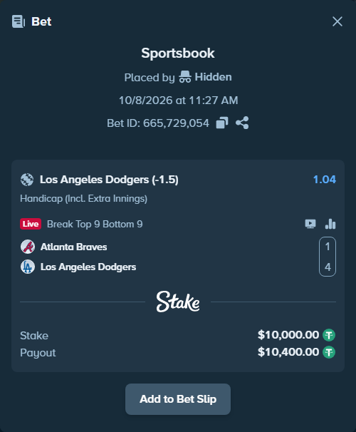 Bet slip: Atlanta Braves - Los Angeles Dodgers, $10,000.00 stake at 1.04 odds, placed by Hidden