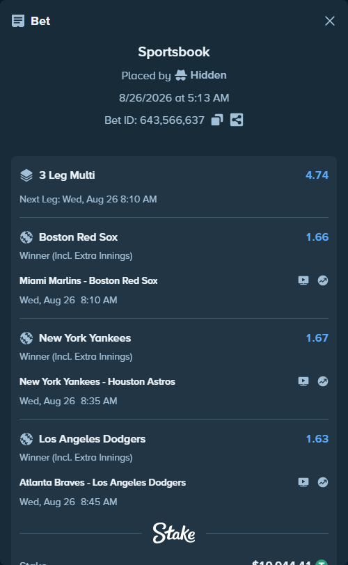 Bet slip: Atlanta Braves - Los Angeles Dodgers, $10,044.41 stake at 1.63 odds, placed by Hidden