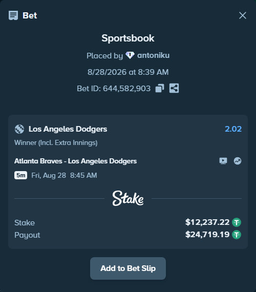 Bet slip: Atlanta Braves - Los Angeles Dodgers, $12,236.00 stake at 2.02 odds, placed by antoniku