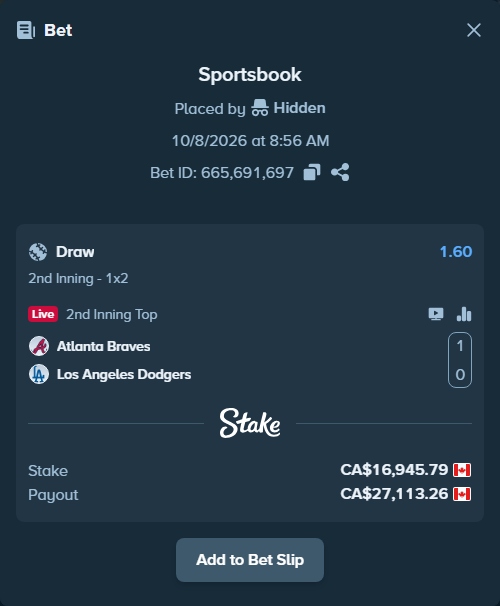 Bet slip: Atlanta Braves - Los Angeles Dodgers, $12,539.88 stake at 1.60 odds, placed by Hidden