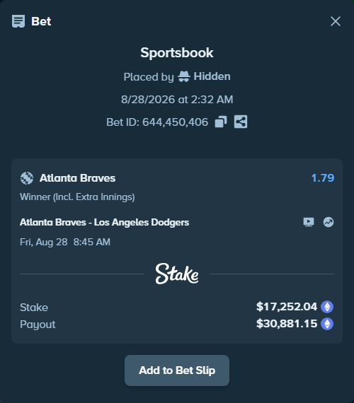 Bet slip: Atlanta Braves - Los Angeles Dodgers, $16,699.06 stake at 1.79 odds, placed by Hidden