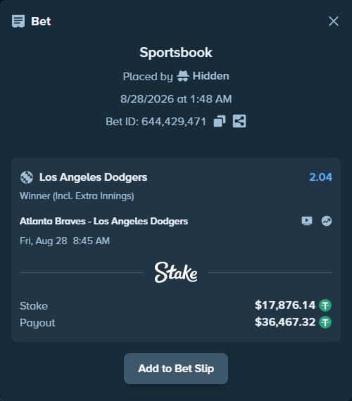 Bet slip: Atlanta Braves - Los Angeles Dodgers, $17,876.14 stake at 2.04 odds, placed by Hidden