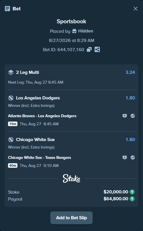 Bet slip: Atlanta Braves - Los Angeles Dodgers, $20,000.00 stake at 1.80 odds, placed by Hidden