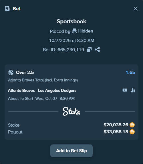 Bet slip: Atlanta Braves - Los Angeles Dodgers, $20,035.26 stake at 1.65 odds, placed by Hidden