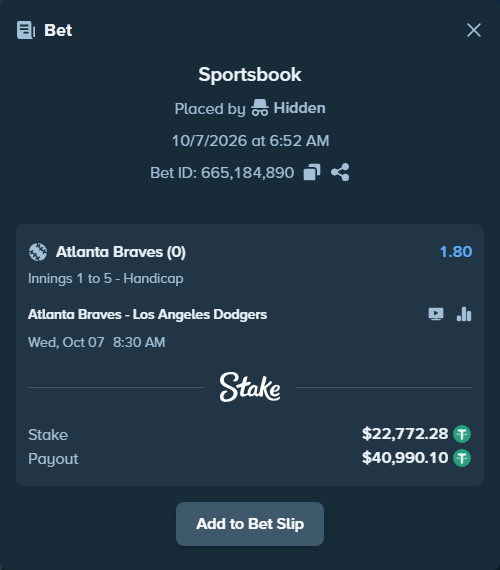 Bet slip: Atlanta Braves - Los Angeles Dodgers, $22,770.00 stake at 1.80 odds, placed by oscardv1981