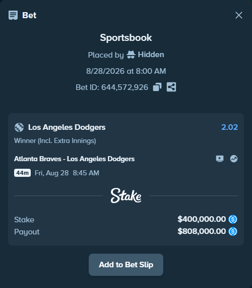 Bet slip: Atlanta Braves - Los Angeles Dodgers, $400,000.00 stake at 2.02 odds, placed by Hidden