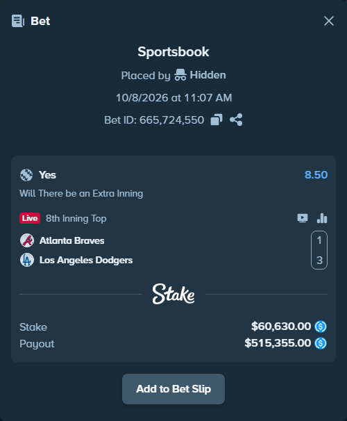 Bet slip: Atlanta Braves - Los Angeles Dodgers, $60,630.00 stake at 8.50 odds, placed by Hidden