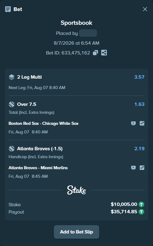 Bet slip: Atlanta Braves - Miami Marlins, $10,015.00 stake at 2.19 odds, placed by djawoals