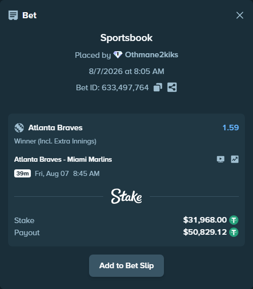 Bet slip: Atlanta Braves - Miami Marlins, $31,999.97 stake at 1.59 odds, placed by Othmane2kiks