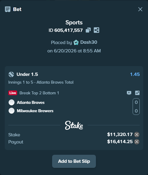 Bet slip: Atlanta Braves - Milwaukee Brewers, $10,496.69 stake at 1.45 odds, placed by Dash30