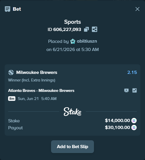 Bet slip: Atlanta Braves - Milwaukee Brewers, $14,433.43 stake at 2.15 odds, placed by abiltiuszn