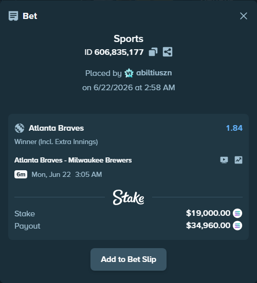 Bet slip: Atlanta Braves - Milwaukee Brewers, $18,598.43 stake at 1.84 odds, placed by abiltiuszn