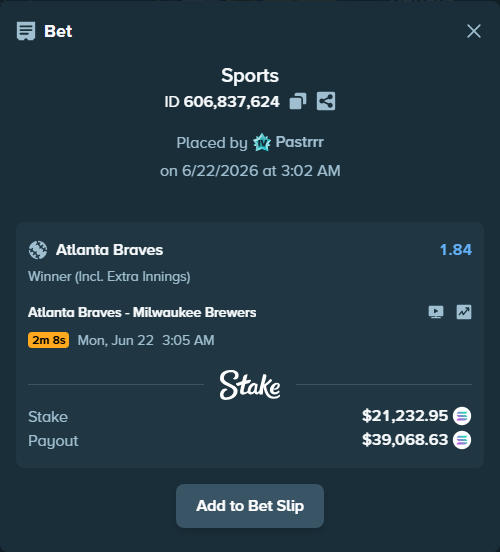 Bet slip: Atlanta Braves - Milwaukee Brewers, $20,784.19 stake at 1.84 odds, placed by Pastrrr