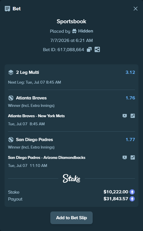 Bet slip: Atlanta Braves - New York Mets, $10,221.34 stake at 1.76 odds, placed by Hidden