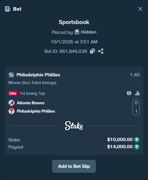 Bet slip: Atlanta Braves - Philadelphia Phillies, $10,000.00 stake at 1.40 odds, placed by Hidden