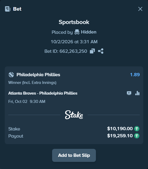Bet slip: Atlanta Braves - Philadelphia Phillies, $10,190.00 stake at 1.89 odds, placed by oscardv1981