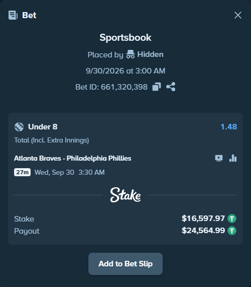 Bet slip: Atlanta Braves - Philadelphia Phillies, $16,597.97 stake at 1.48 odds, placed by nandonzr