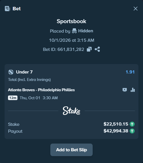 Bet slip: Atlanta Braves - Philadelphia Phillies, $22,532.66 stake at 1.91 odds, placed by Hidden