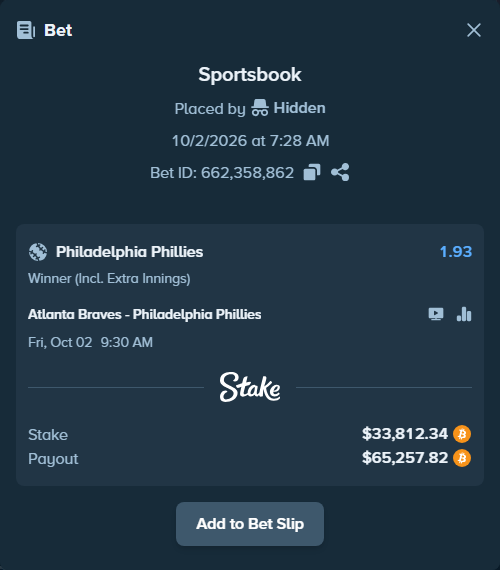 Bet slip: Atlanta Braves - Philadelphia Phillies, $34,621.60 stake at 1.93 odds, placed by Hidden