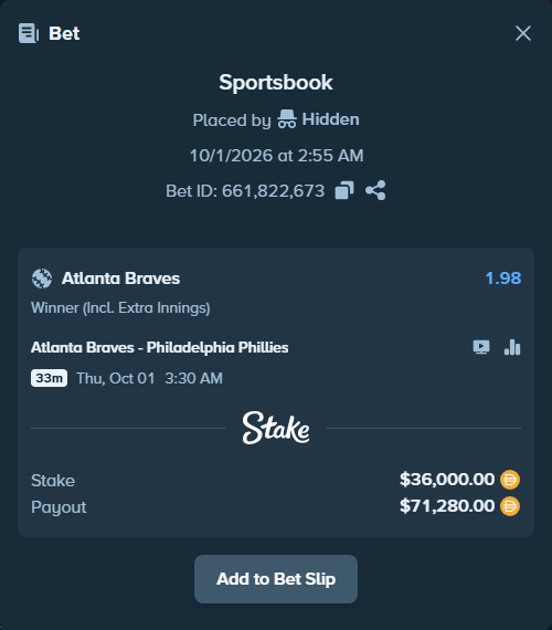 Bet slip: Atlanta Braves - Philadelphia Phillies, $36,000.00 stake at 1.98 odds, placed by MrBerry123