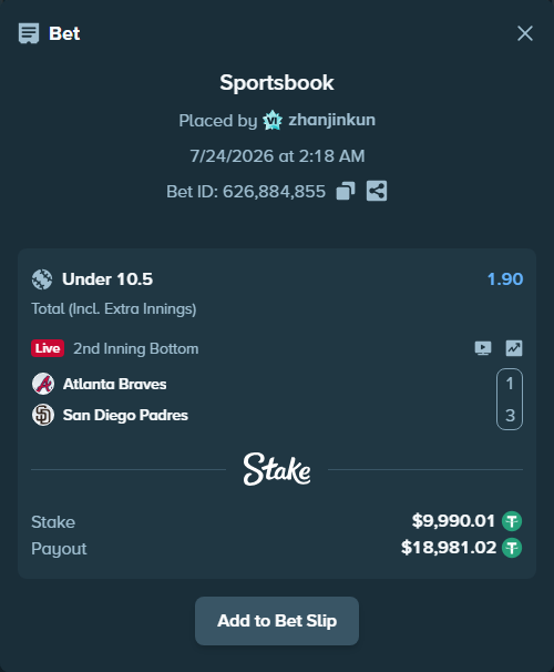 Bet slip: Atlanta Braves - San Diego Padres, $10,000.00 stake at 1.90 odds, placed by zhanjinkun