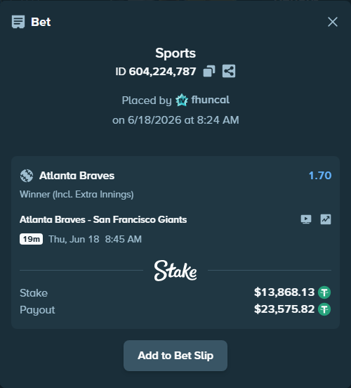 Bet slip: Atlanta Braves - San Francisco Giants, $13,882.00 stake at 1.70 odds, placed by fhuncal