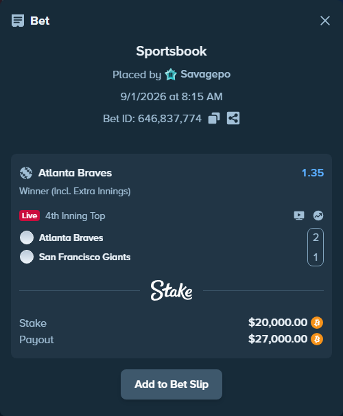 Bet slip: Atlanta Braves - San Francisco Giants, $20,079.51 stake at 1.35 odds, placed by Savagepo